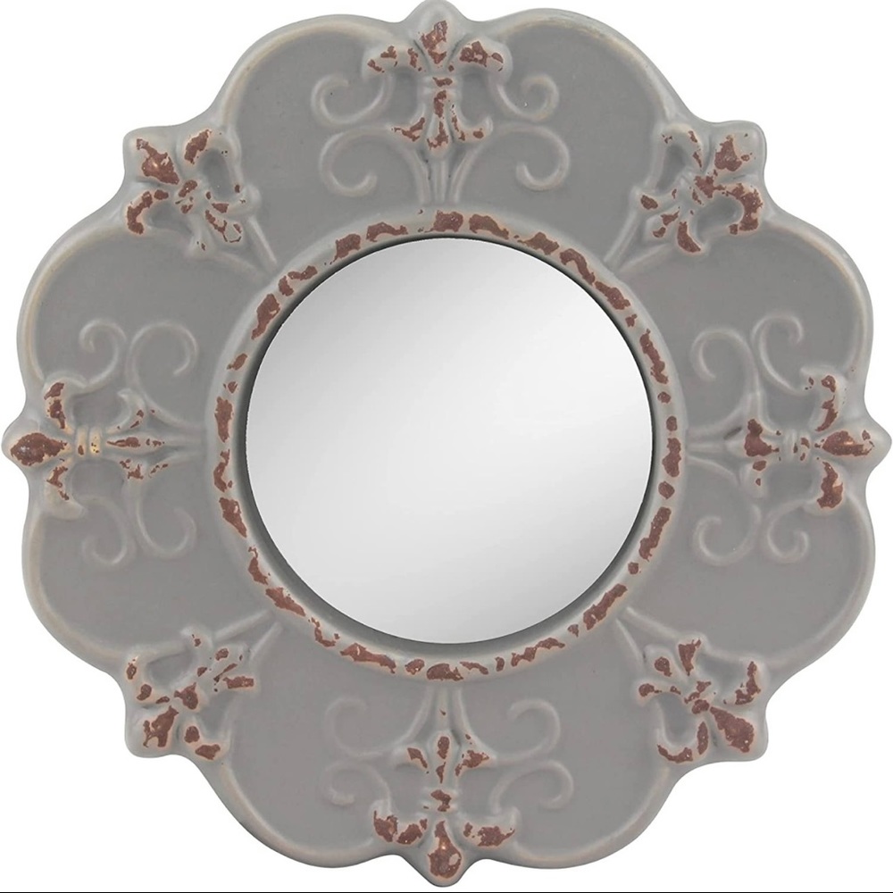 Stonebriar Decorative Antique Gray Round Ceramic Accent Wall Mirror Fluer De Lis